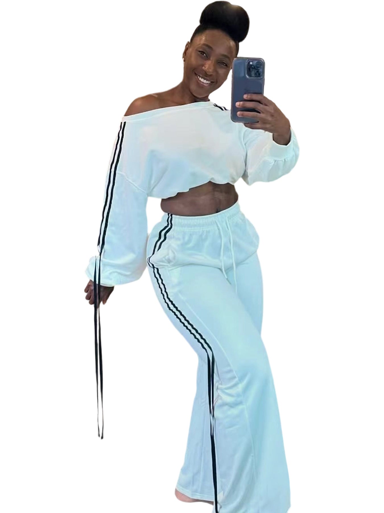 Autumn Casual Women's Solid Color Loose Webbing-Trimmed Two-Piece Pants Set 7