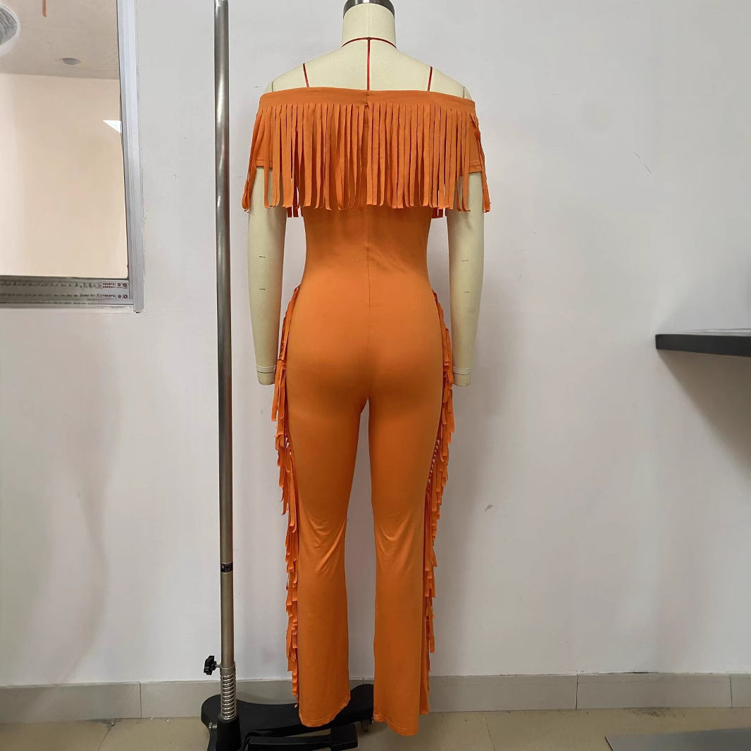 Women summer Off Shoulder short sleeve tassel lace jumpsuit 3