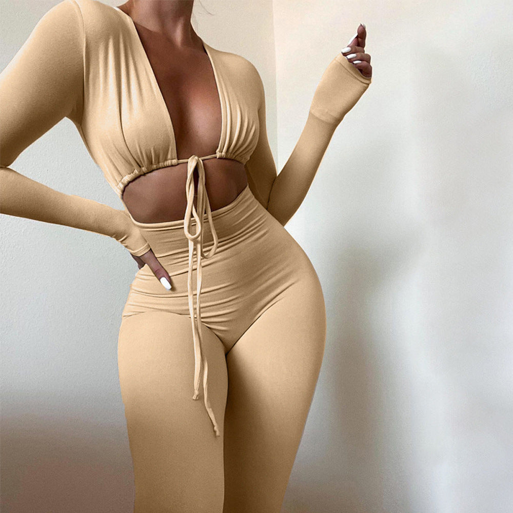 Women Solid Sexy Lace-up Hollow Long Sleeve Jumpsuit 3