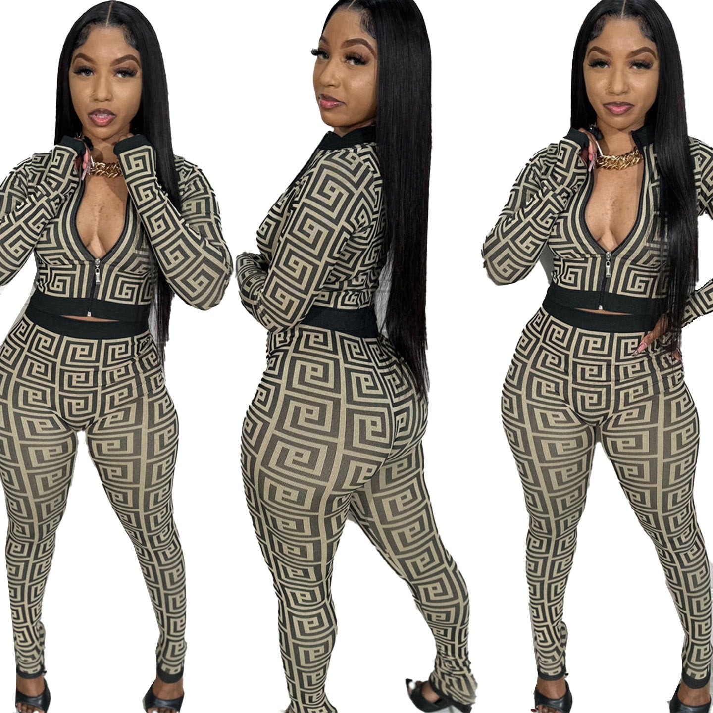 Women Sexy Printed Stretch Long Sleeve Top and Pant Two-piece Set 6