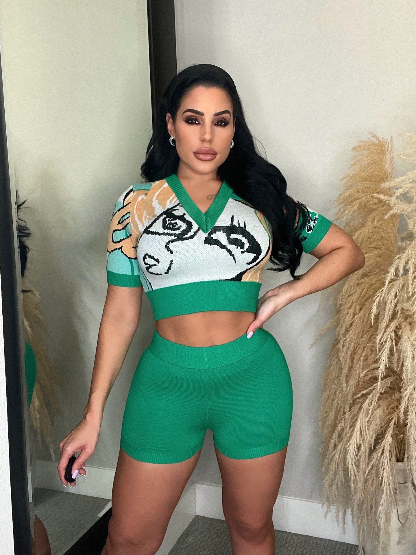 Women's Summer Print Heart Neck Slim Sport Casual Top + Shorts Set