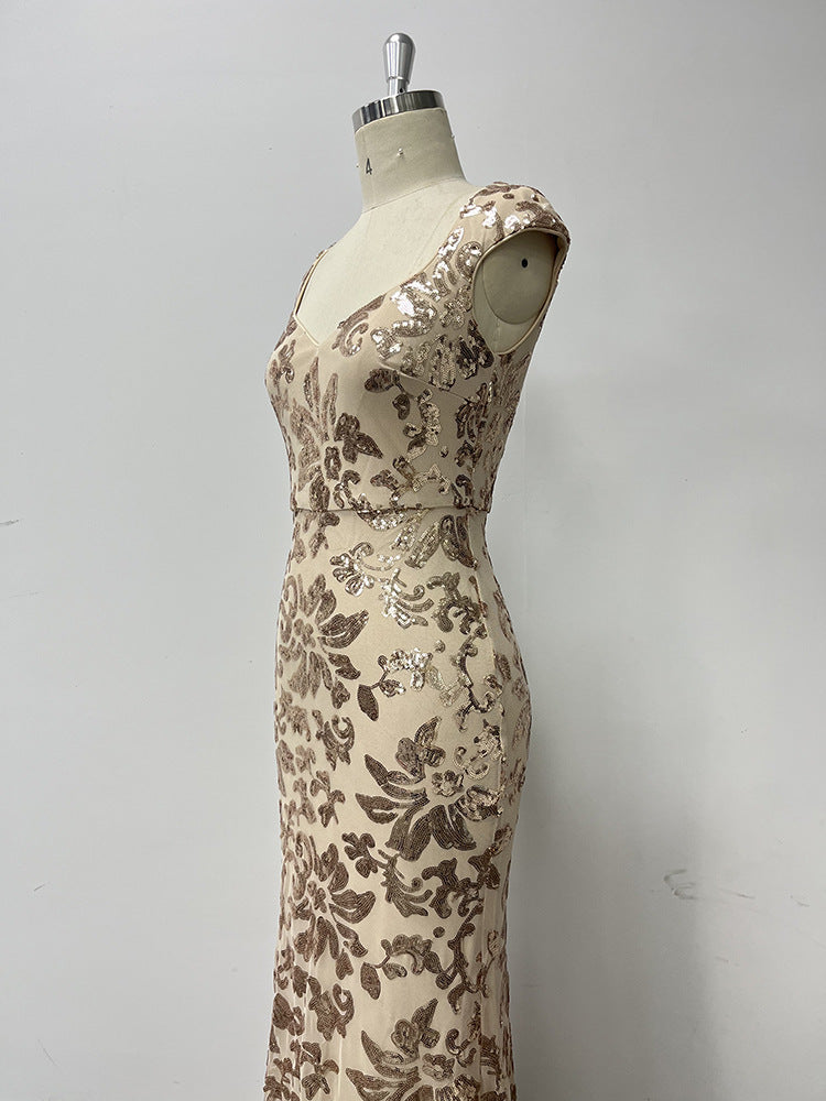 Women Square Neck Mermaid Rose Gold Pattern Sequin Sleeveless Party Evening Dress 11