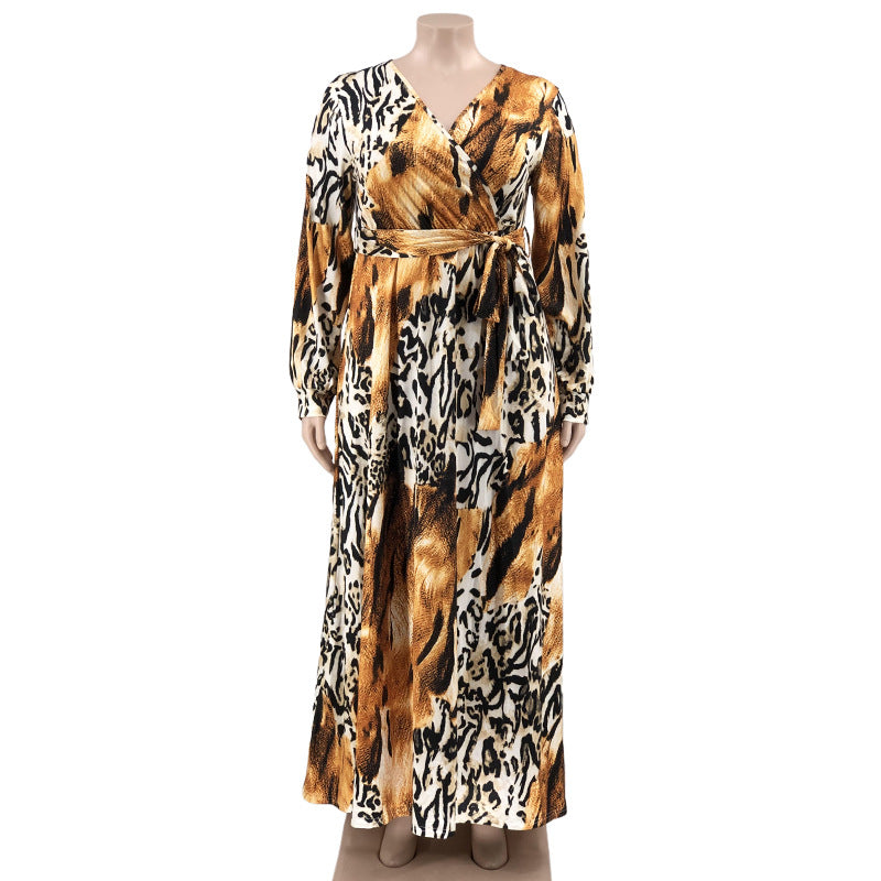 Summer Leopard Print Belted Wrap Neck Loose Plus Size Women's Dress 24