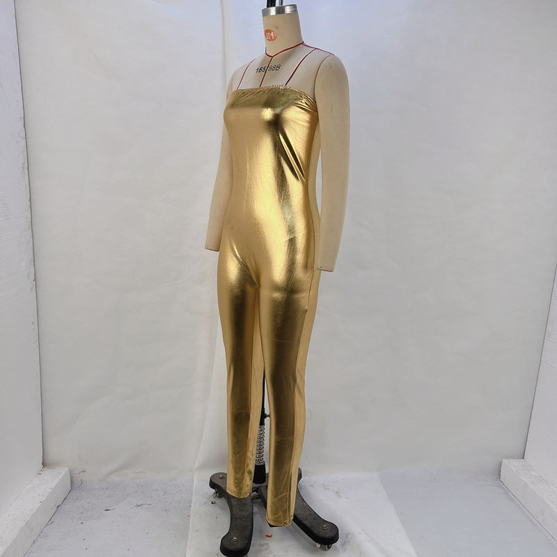 Women's Autumn And Winter Metallic Sexy Straps Tight Fitted Jumpsuit 12