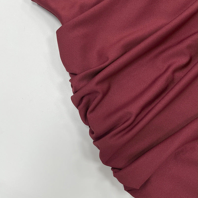 Women's Autumn Fashion Slim Fit Round Neck Long Sleeve Shirred Bodycon Irregular Ribbon Dress 35