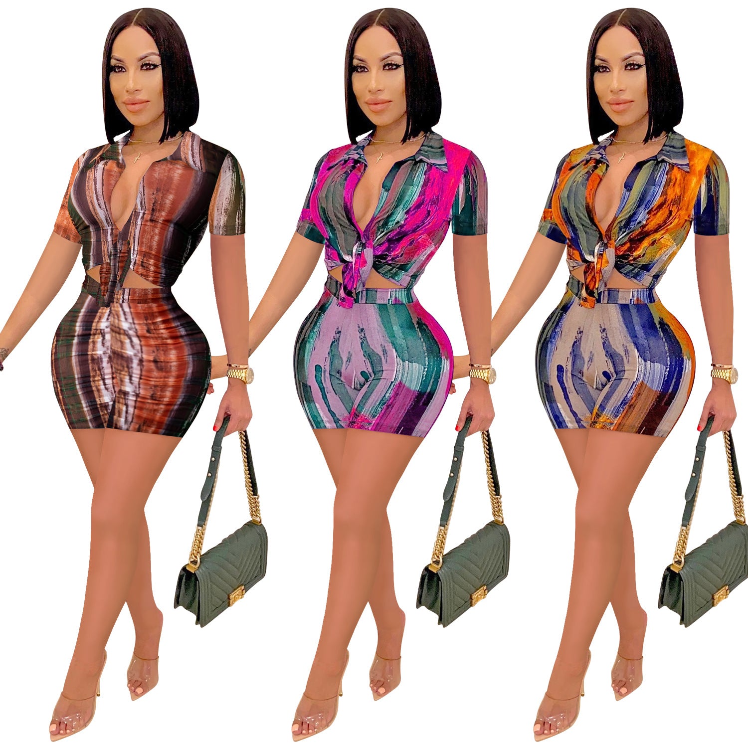 Trendy Print V-Neck Long-Sleeve Two-Piece Shorts Set 8