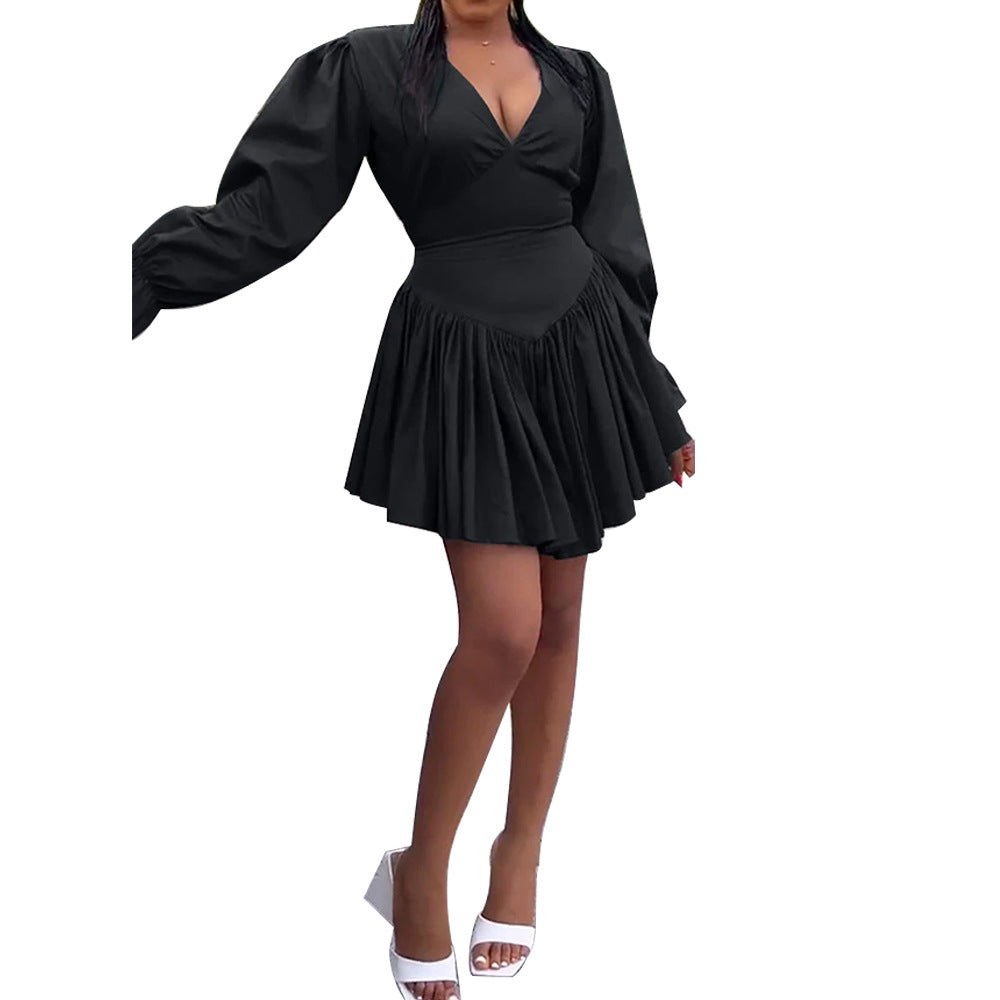 Women V-Neck Ruffle Sleeve Elegant Pleated Dress 6