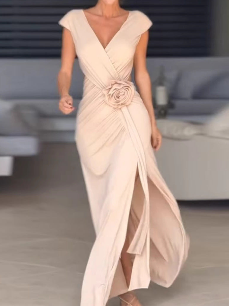 Women's Chic Elegant V-neck Sleeveless Slit Hollow Slim Waist Slim Evening Dress