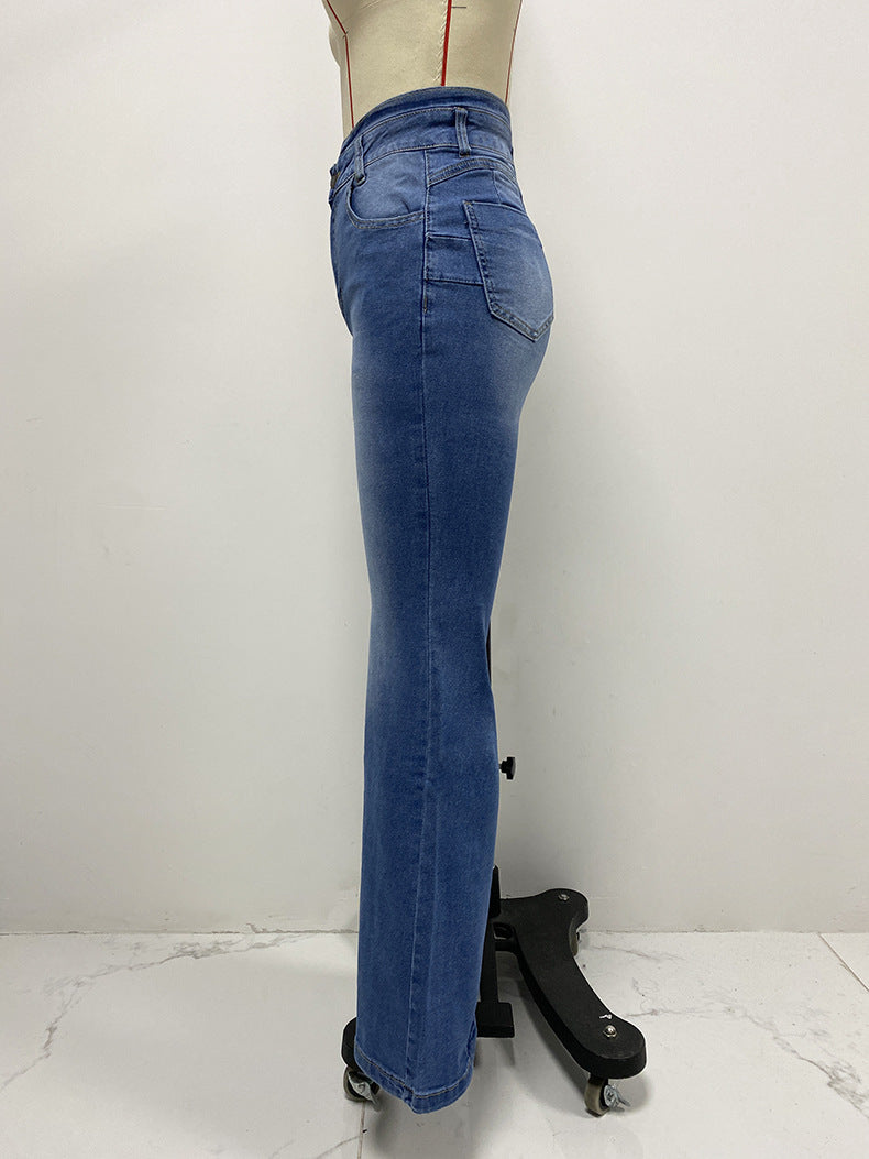 Spring Washed Denim Pants For Women Slim High Waist Bell Bottom Jeans 8