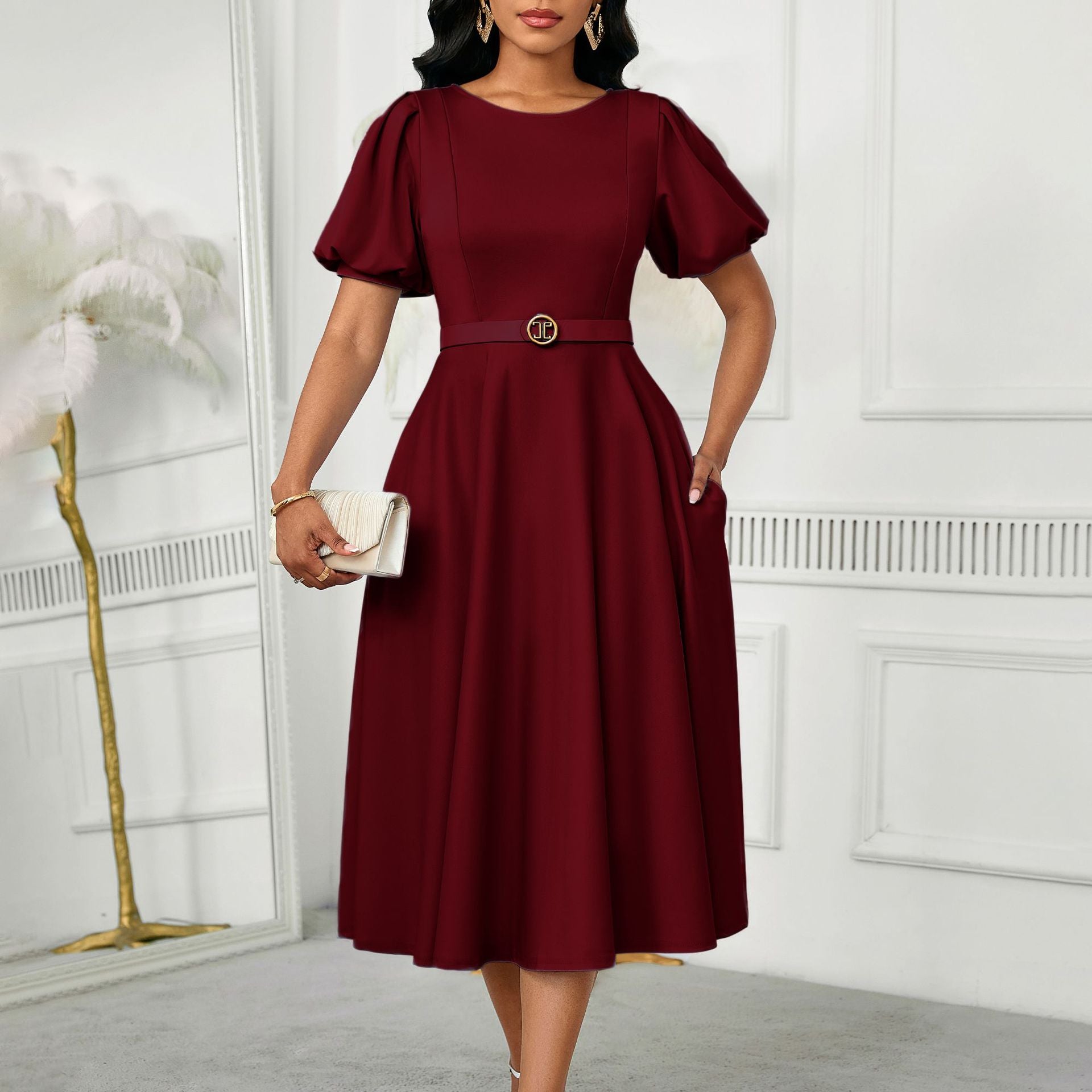 Women's Summer Trendy Puff-Sleeve Elegant High-Waist Solid Round Neck A-line African Dress 6