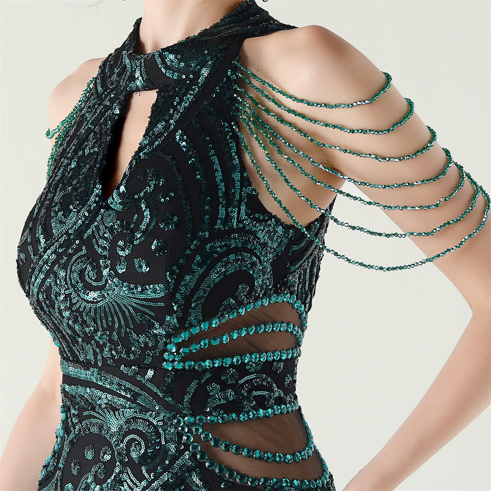 Women beaded chain shoulder sequin halter neck formal party evening dress 14