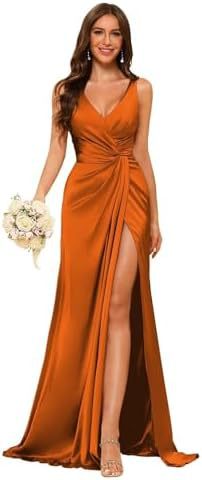 Women's Strap V-Neck Bridesmaid Dress Sleeveless Satin High Slit Prom Dress（Processing time need 3-6 days） 7