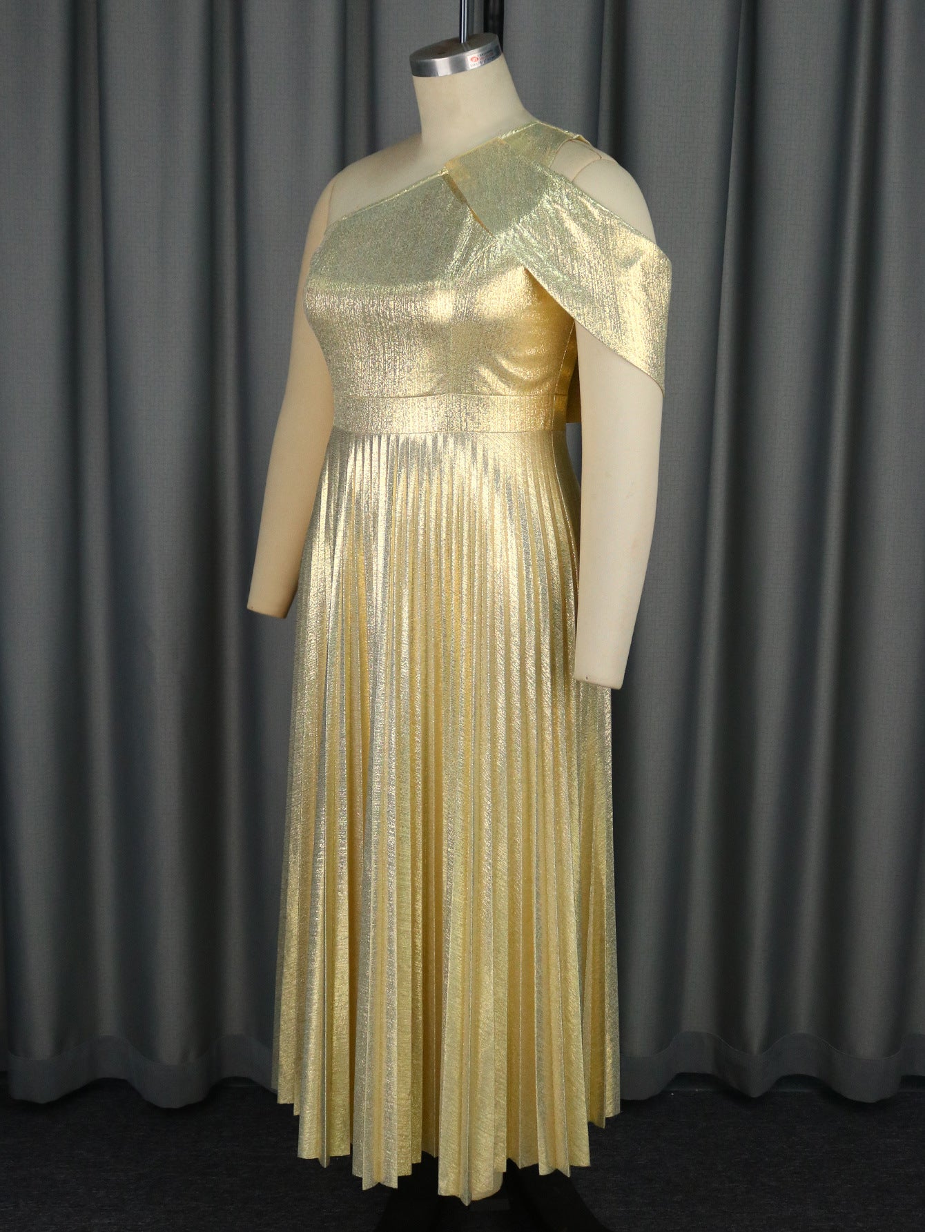 Summer Elegant One Shoulder Sleeveless Gold Pleated Formal Party Dress 4
