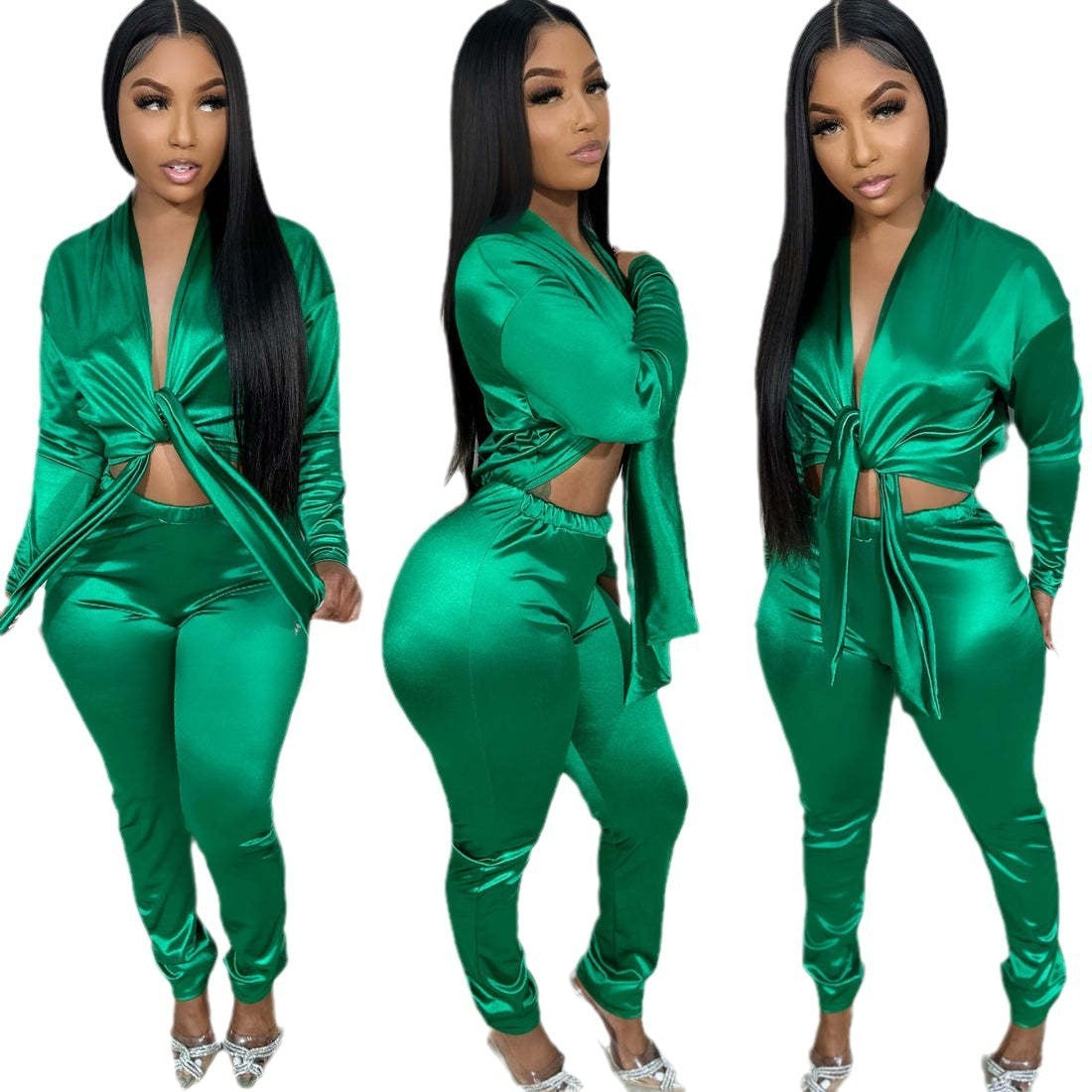 Women Sexy V-Neck Long Sleeve Top and Pant Two-Piece Set 5