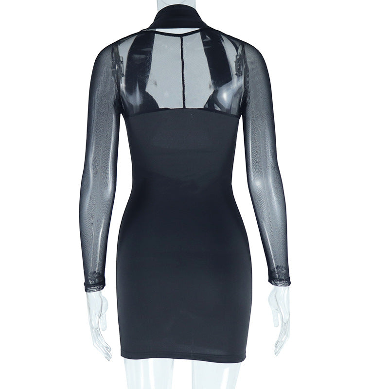 Women Sexy Halter Neck Mesh Patchwork Long Sleeve Dress 8