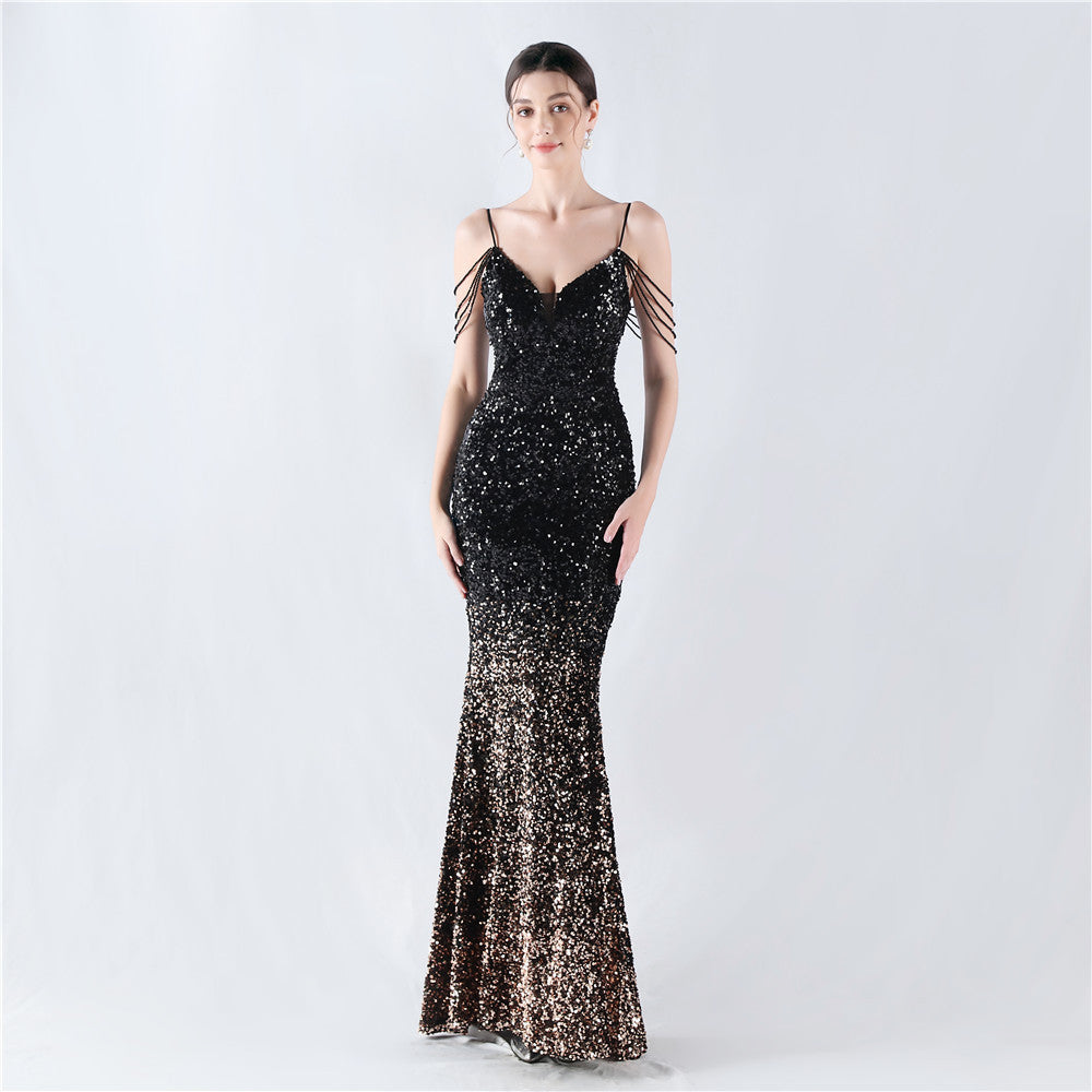 Gradient Sequins Sexy Strap Evening Dress 13