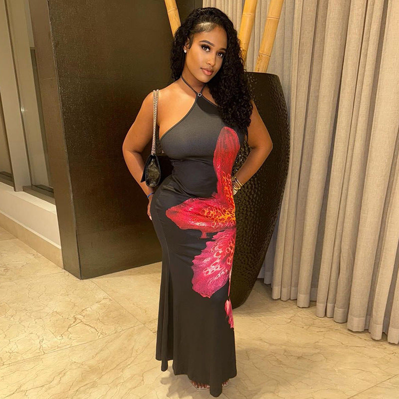 Women Floral Print Halter Neck Lace Sleeveless Bcakless Maxi Dress 15