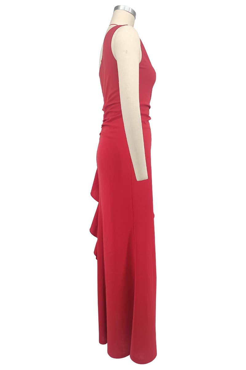 One-Shoulder Chic Elegant Solid Color Slim Waist High-Slit Side Ruffles Mermaid Evening Gown 12