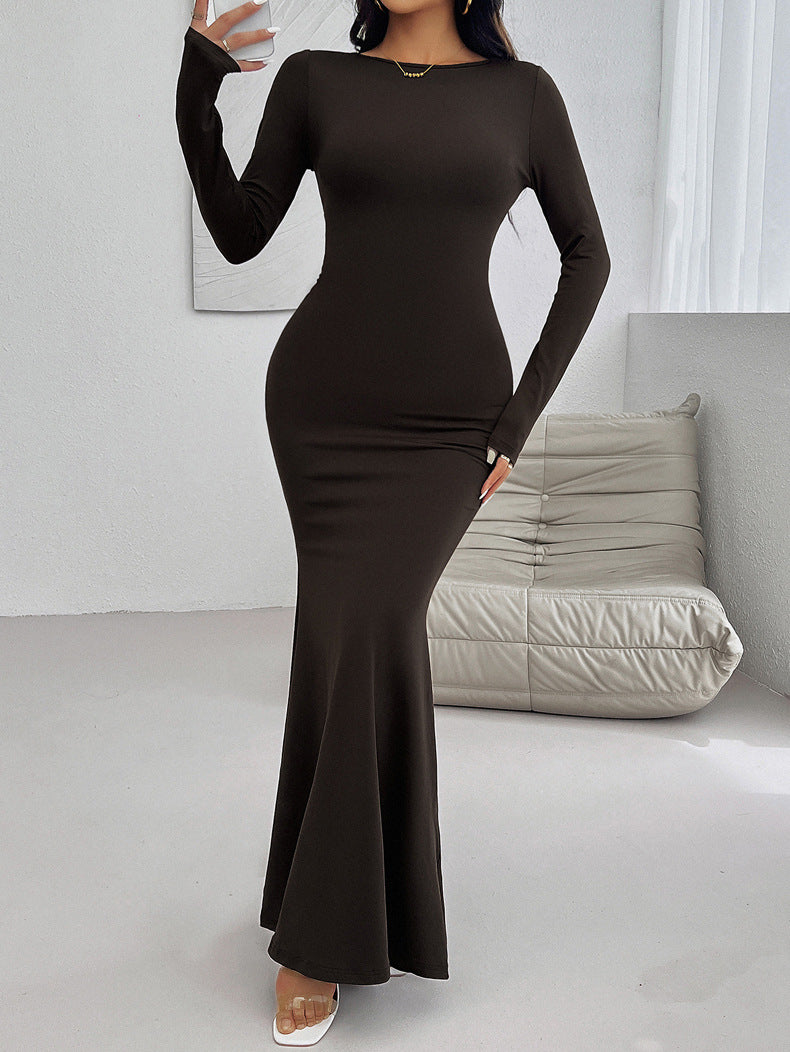 Autumn And Winter Women's Sexy Slim Round Neck Solid Color Long Sleeve Dress 6