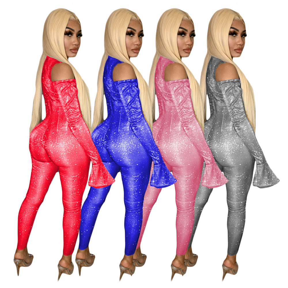 Autumn Winter Women's Tight Fitting Bell Sleeve Jumpsuit 14