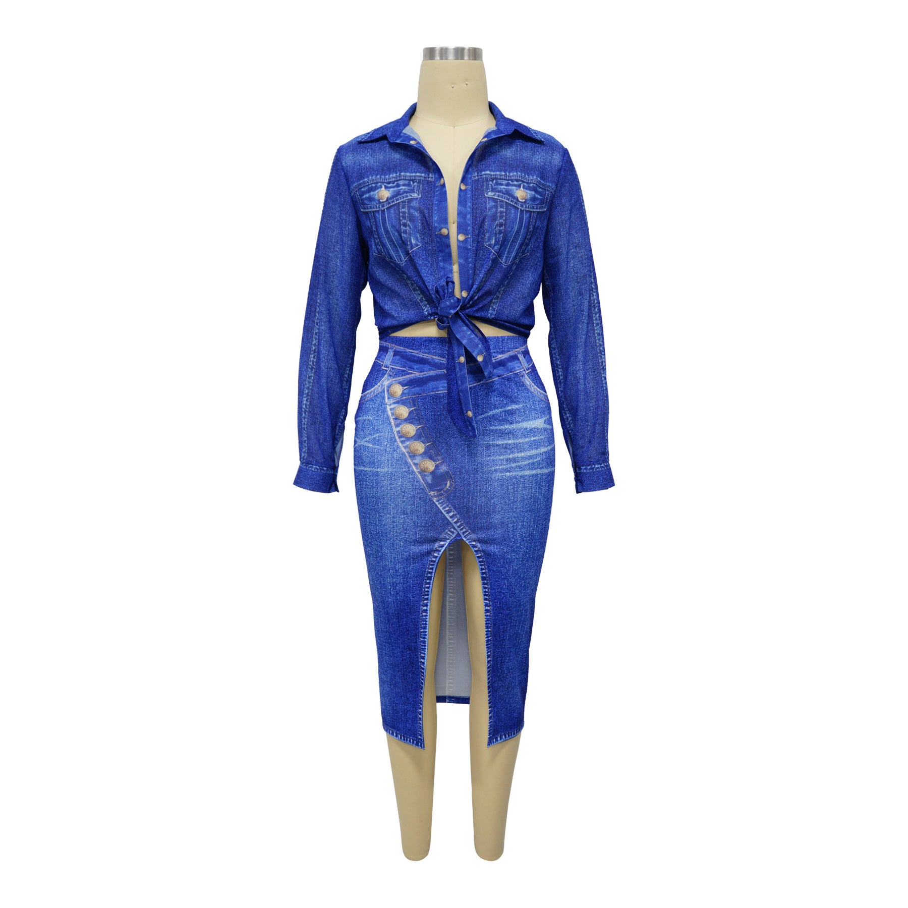 Women printed long sleeve top and skirt two-piece set 11