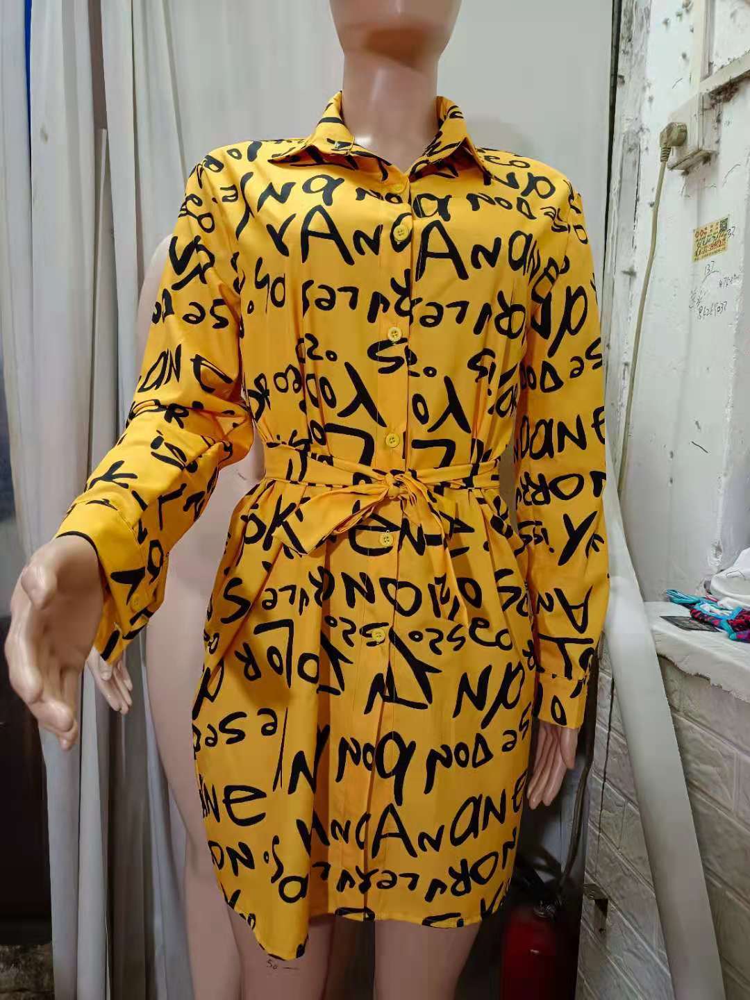 Fall Women's Chic Print Cardigan Turndown Collar Loose Shirt Dress 10