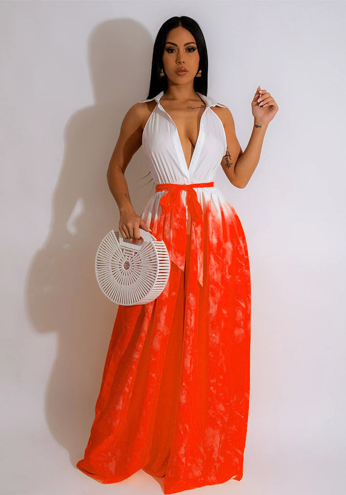 Women's Fashion Printed Sleeveless V-Neck Belted Maxi Dress For Women