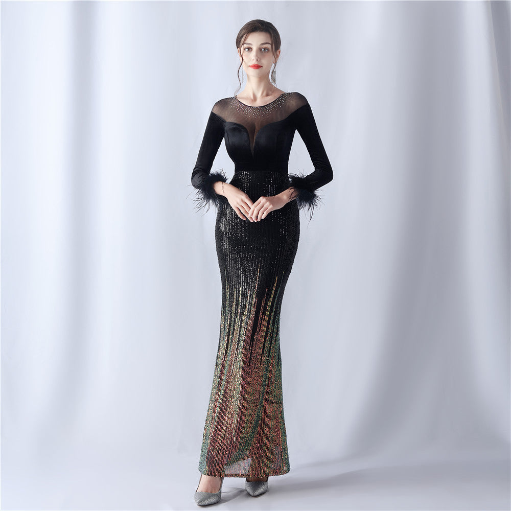 Women Gradient Beaded Velvet Evening Dress 4