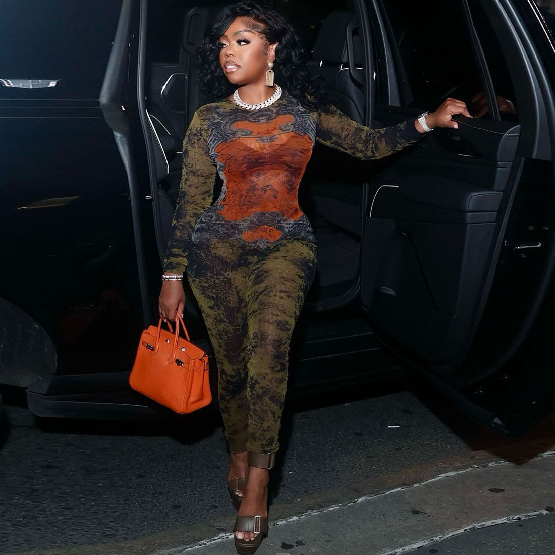 Women autumn sexy street print long sleeve jumpsuit