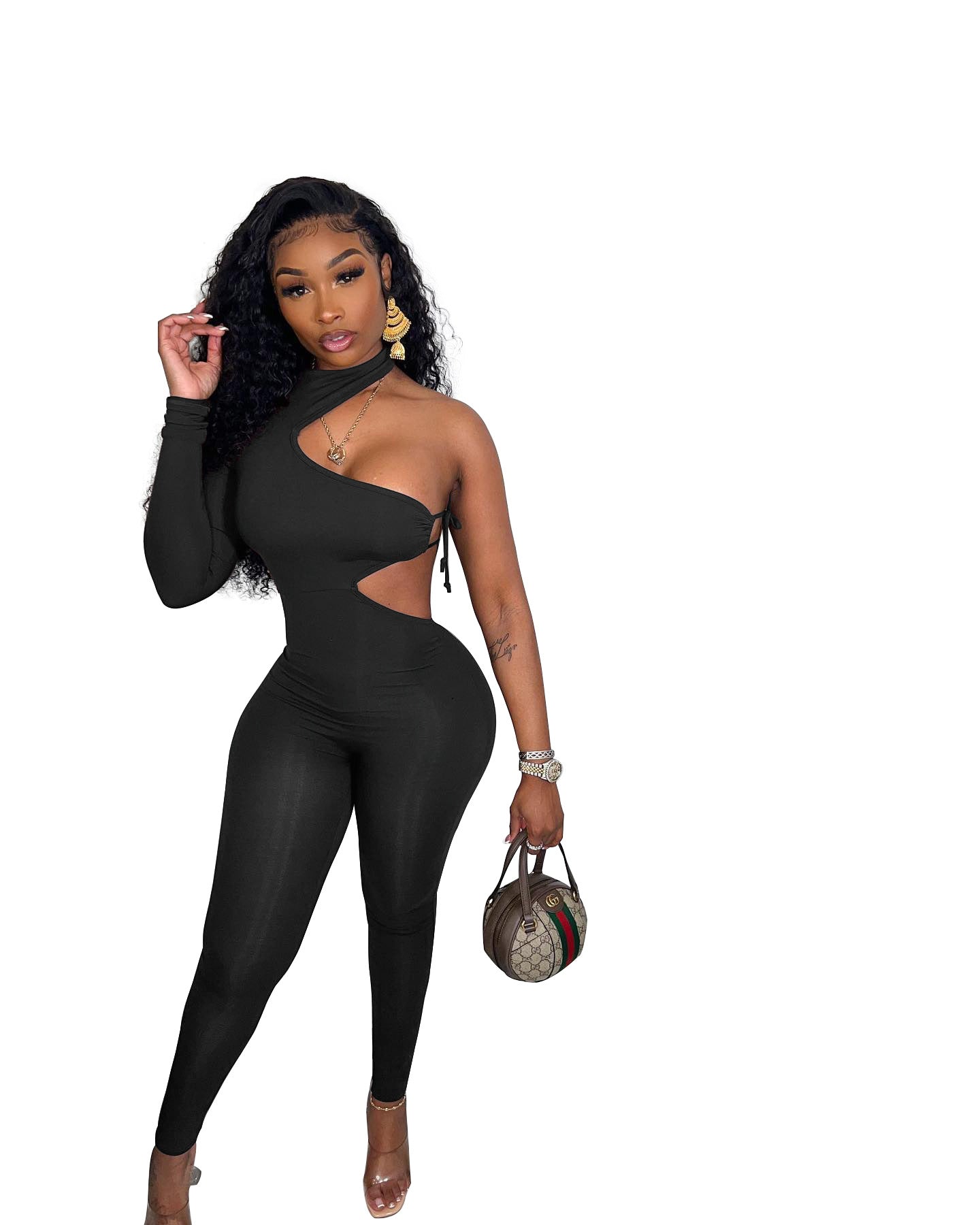 Women Sexy Single Sleeve Lace-Up Irregular Jumpsuit 8