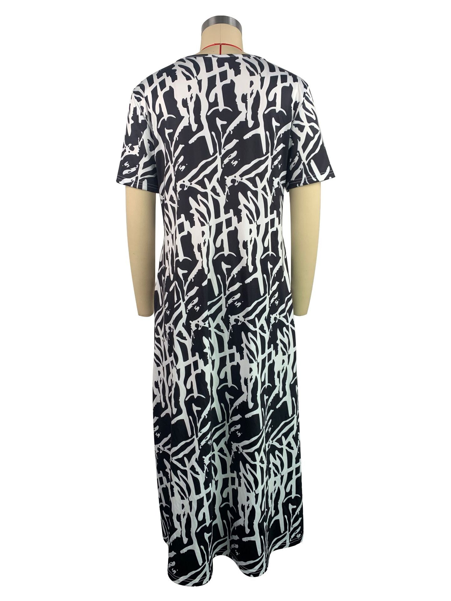 Women Casual Printed Black and White Short-Sleeve Round Neck Maxi Dress 9