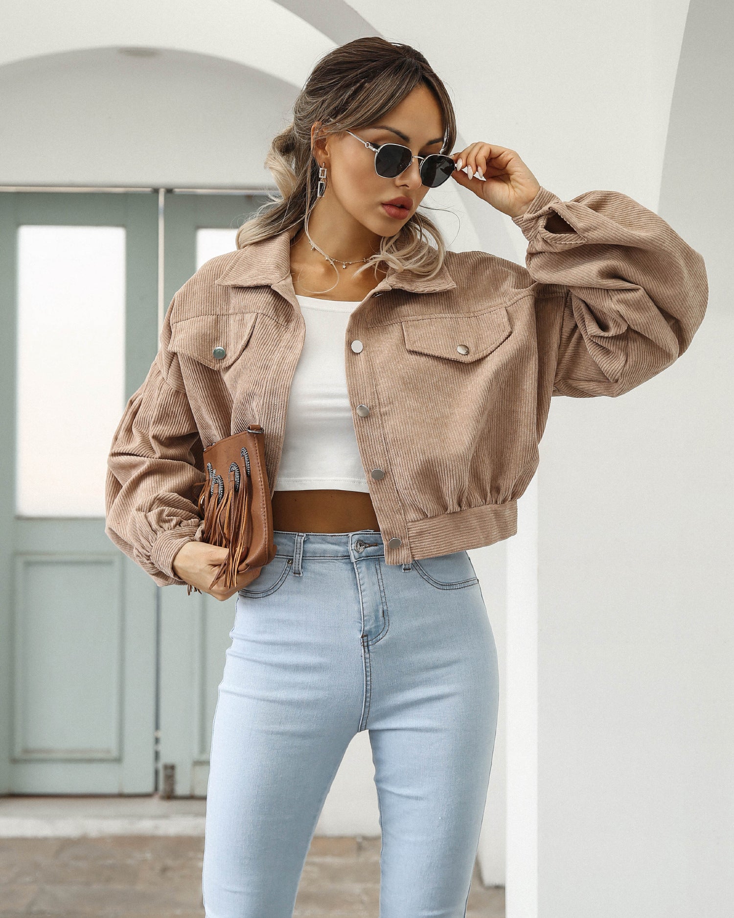 Women Casual Turndown Collar Corduroy Balloon Sleeve Single Breasted Crop Jacket 4
