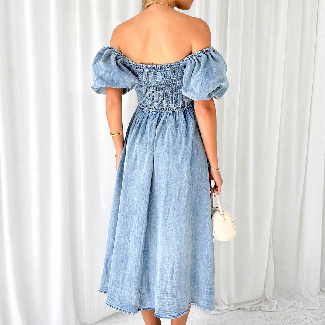 Summer Chic Elegant Puff Sleeve Slim Waist Denim Long Dress 4