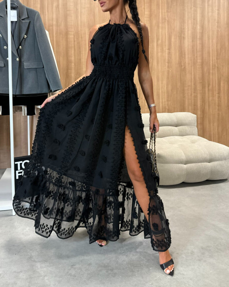 Fashion Halter Neck Slit Jacquard Long Dress 4