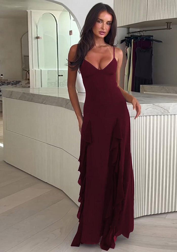 Strap Chic V-neck Holidays Slit Ruffle Dress