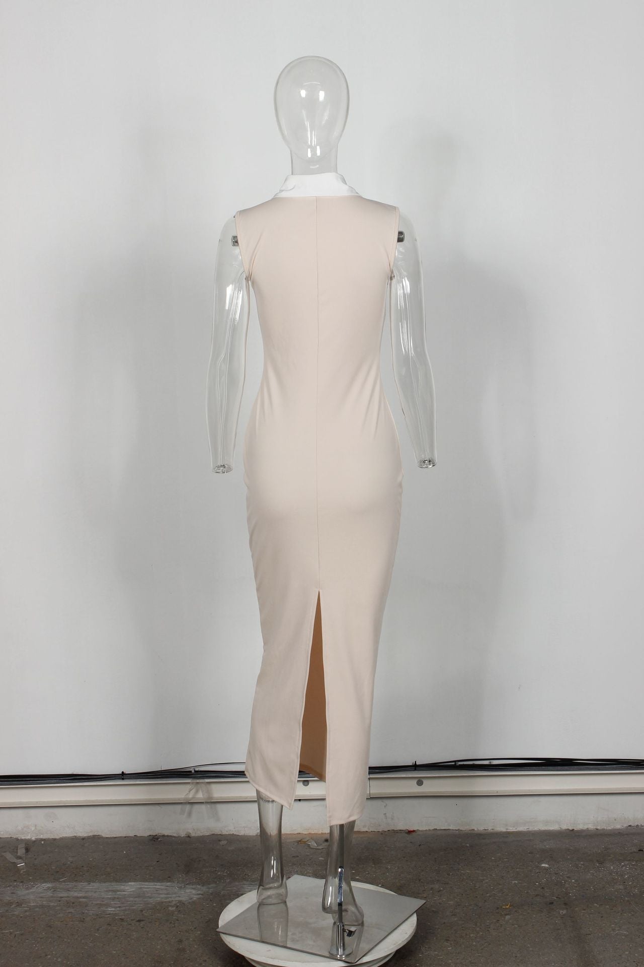 Women Contrast Patchwork Sexy Turndown Collar Sleeveless Bodycon Slit Dress 10