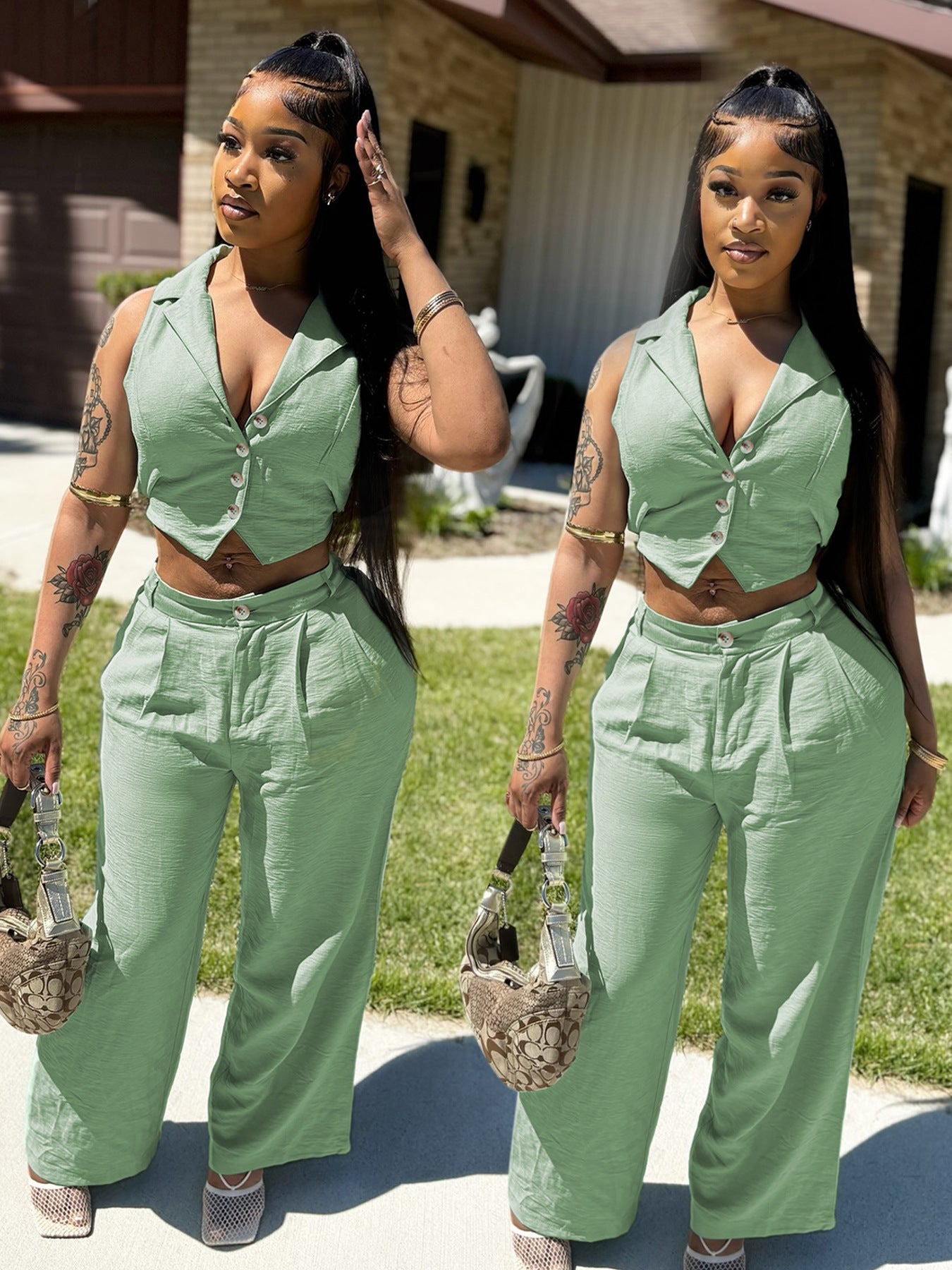 Women's Solid Sleeveless Cropped Back-Tie Top & Casual Pants Set 3