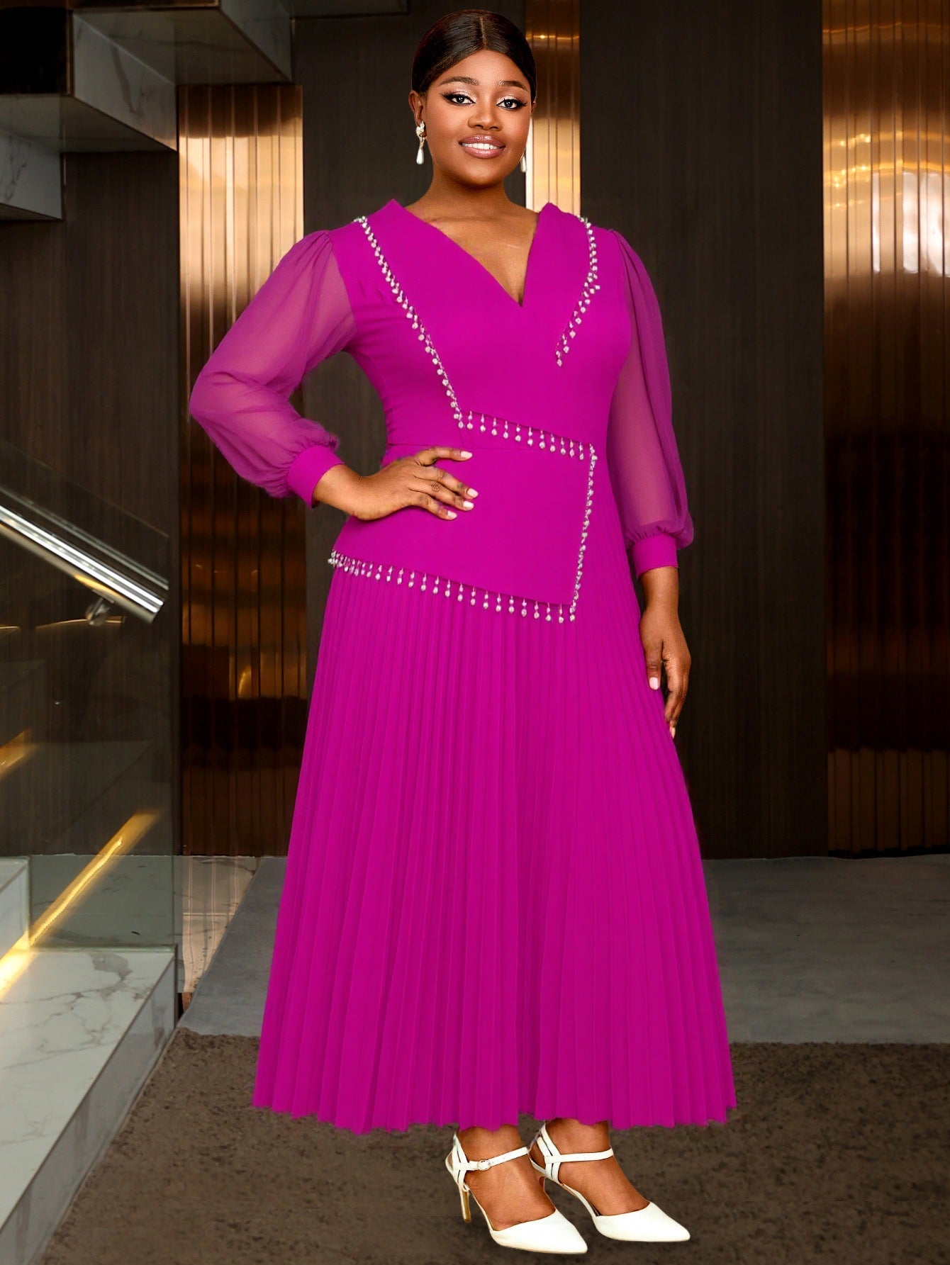 Plus Size Women's V-Neck See-Through Long Sleeve Elegant Pleated Long Dress 4