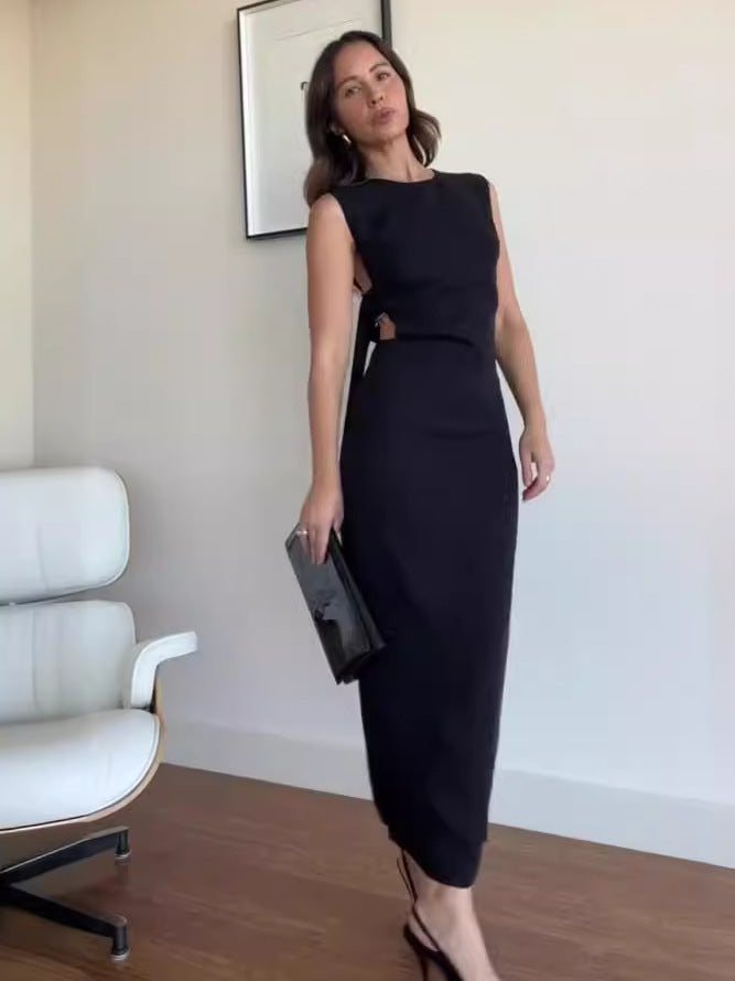 Summer solid color round neck sexy low back High slit long dress 5