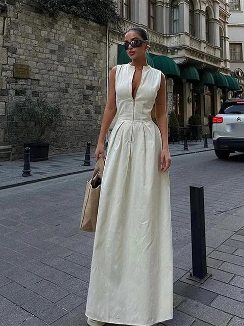 High-Waist Solid Color Sleeveless Zip-Up Dress Elegant Career-Chic Gown 8