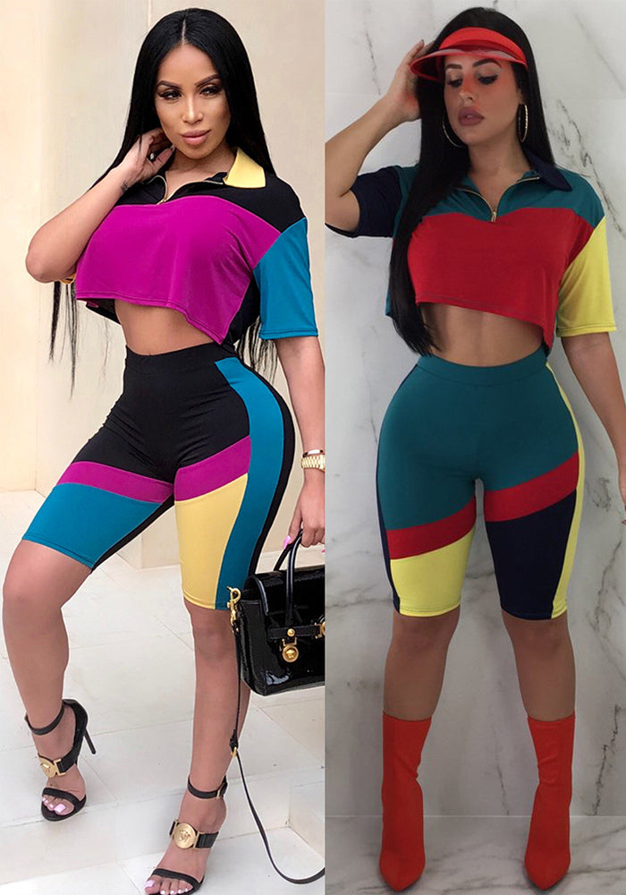 Fashion Contrast Color Casual Short Sleeve Knee-Length Two Piece Shorts Set