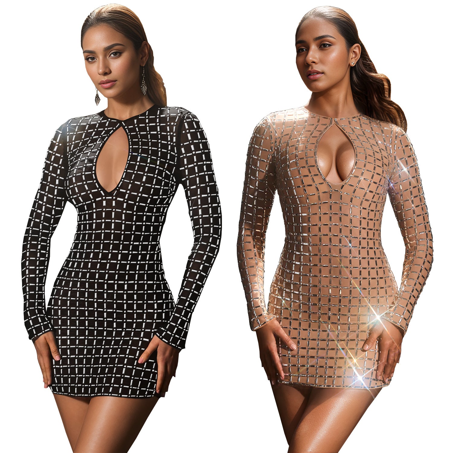 Women Sexy Beaded Long Sleeve Dress 4