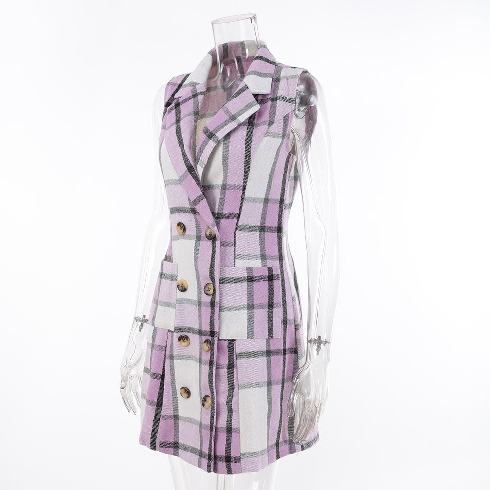 Women's Fashion Plaid Long Vest Turndown Collar Sleeveless Blazer 29