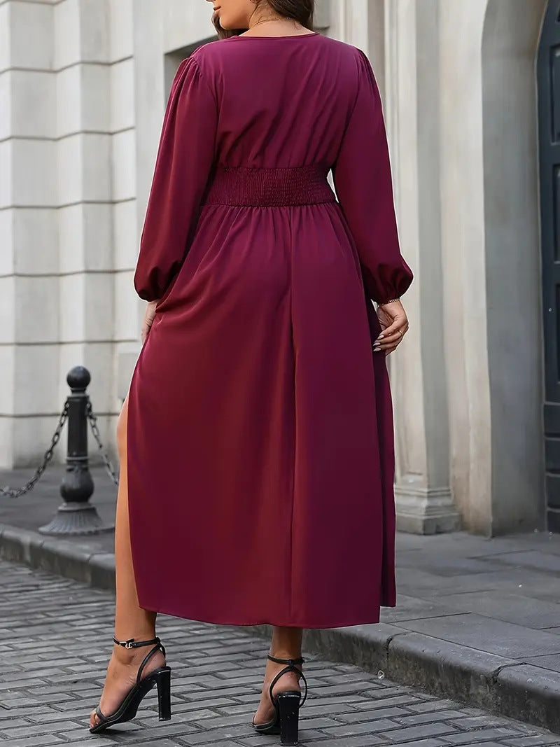 Plus Size Women Lantern Sleeve Slit Dress 5