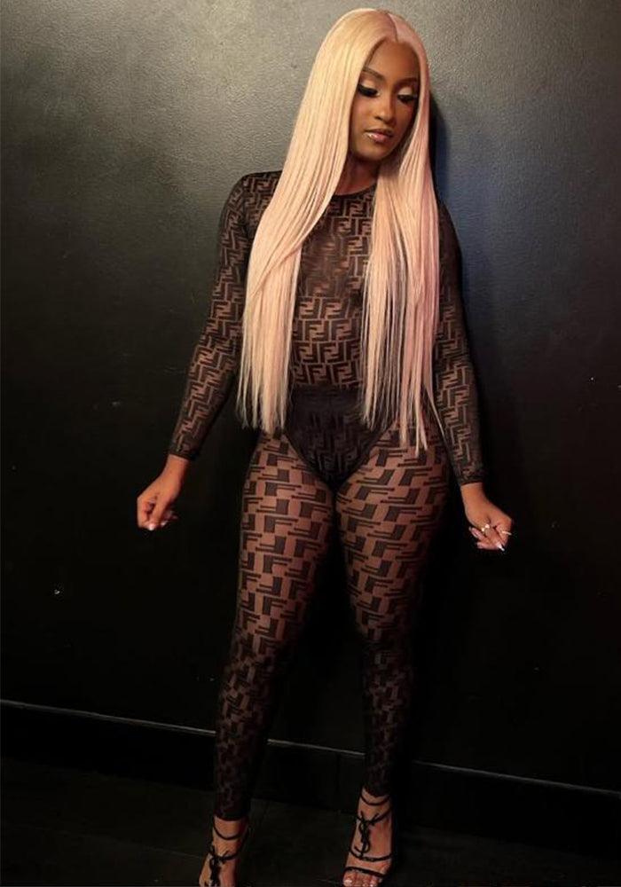 Women's Sexy Mesh Slim Long-Sleeve Bodysuit Pants Two Piece Set