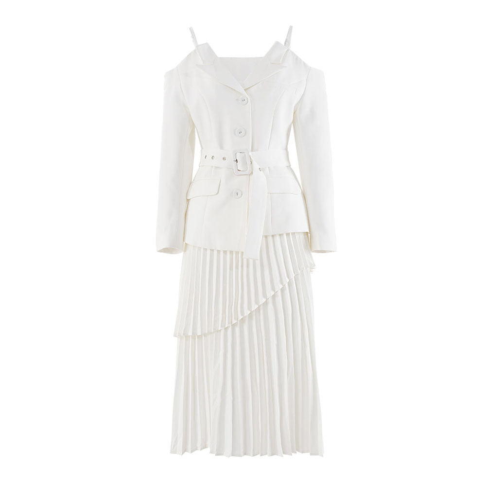 Off-Shoulder Strap Top High-Waist Pleated Skirt Two Piece Set 3