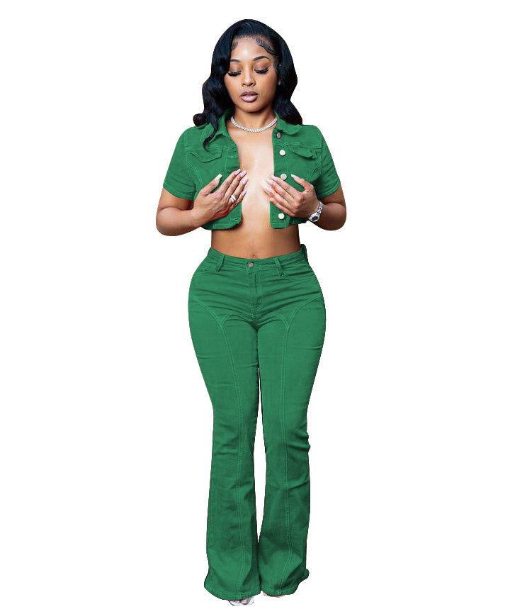 Spring And Summer Denim Short Sleeve Suit Solid Color Jacket Bell Bottom Stretch Pants Two Piece Set 11