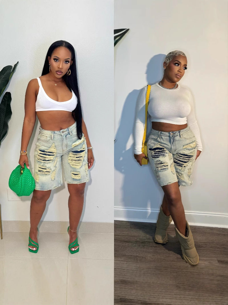 Women street fashion washed Ripped Patchwork Denim three-quarter pants