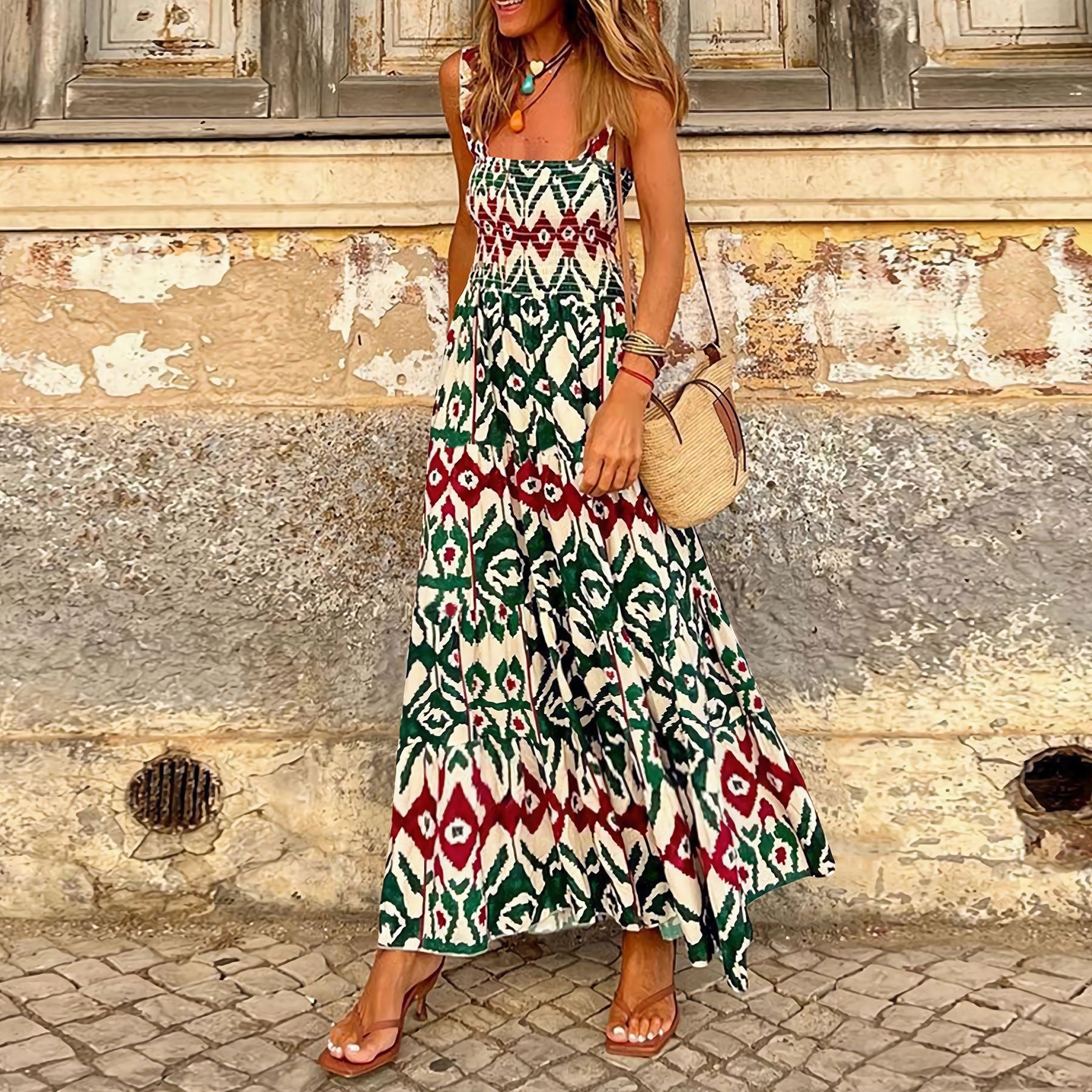 Summer Women's Printed Elastic Holidays Style Floral Strap Long Dress 14