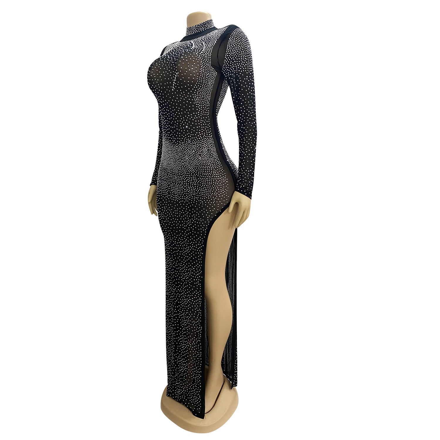 Women sexy mesh irregular slit long sleeve dress 11